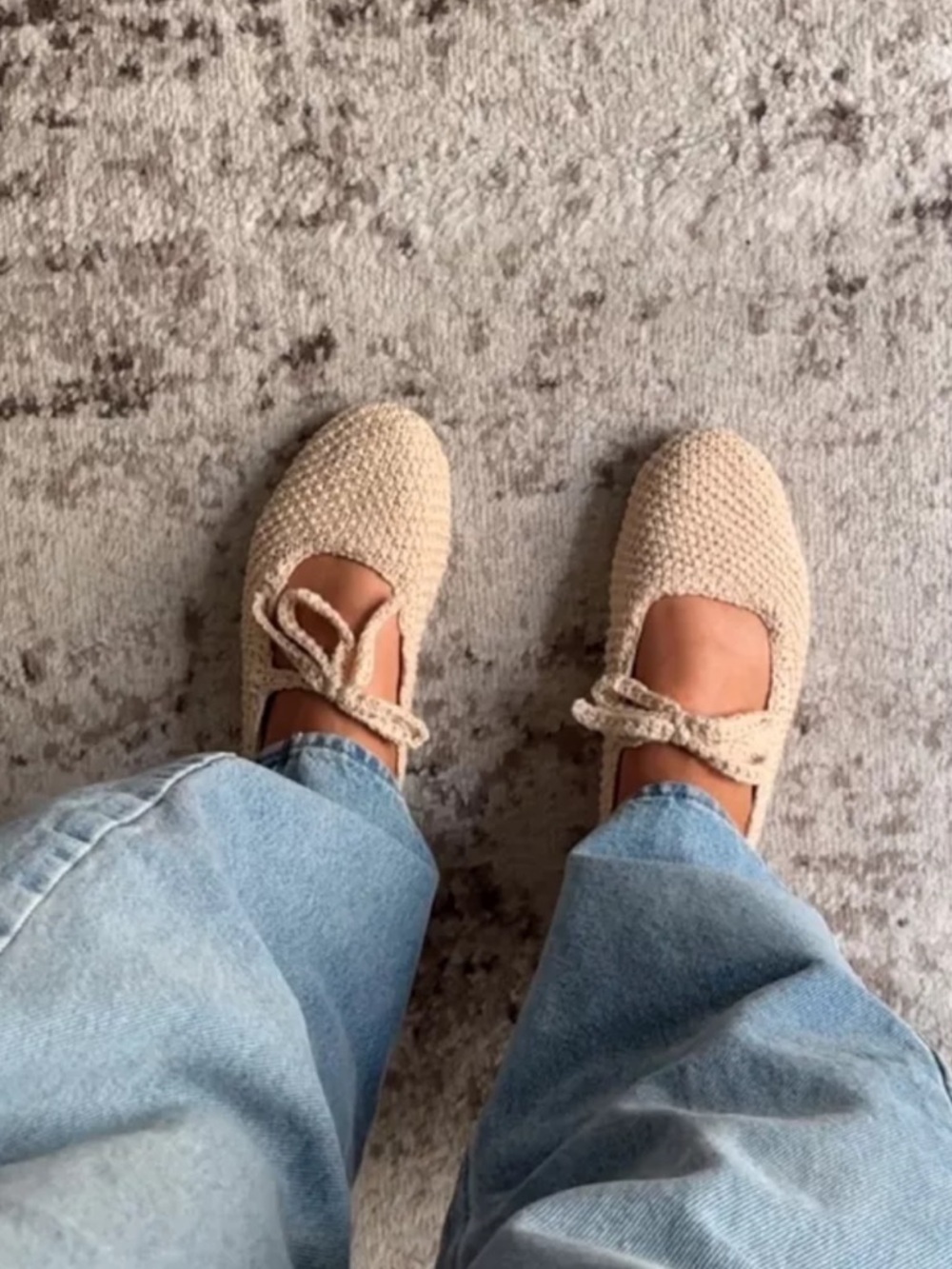 Zara Crochet Bow Ballet Flats in Beige